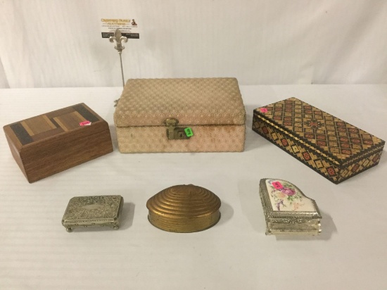 Six metal & wood boxes, incl. boxes from the USSR & India, jewelry boxes, & more.