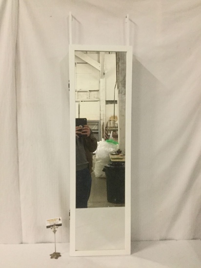 White Mirrotek door-hanging jewelry closet w/mirror & tie racks, approx. 15x4x57 inches.