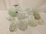 18 pieces of misc. glass dishware, incl. pitchers, candy dishes, butter dishes, bowls, & more.