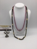 Two bead necklaces, incl. new green stone bead & purple bead necklaces. Approx. 15x1x0.5 inches.