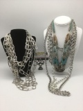 Three metal & bead estate jewelry necklaces, approx. 64x1x0.5 inches.