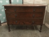 Vintage three-drawer dresser w/tasteful hardware, missing hutch, & some minor wear, see pics