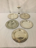 Five Dutch Meeuws pewter dishes, some wear, see pics, approx. 12x12x1 inches.