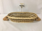 Wicker basket tray w/ two handles, approx. 22x11x3 inches.