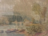 Vintage framed print of impressionistic landscape scene, approx. 17x14x1 inches.
