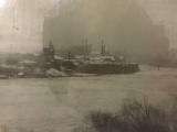 Framed 1924 photograph print of the Willamette River frozen over, w/historic info on back.