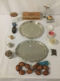 Lot of 14 misc. items & containers, incl. silver tone trays, containers, & more, see pics.