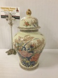 Small Japanese Shibata ceramic urn w/lid & floral designs, approx. 5x5x9 inches.