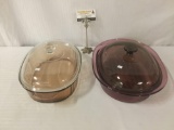 Two Vision Glass Cookware casserole roasters w/ lids. Approx. 15x12x7.5 inches.