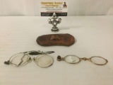 Two vintage pairs of bifocals w/a leather case & chain, some wear, see pics.