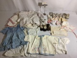 Lot of vintage baby/doll clothes w/ shoes, booties, hand stitched kitten shirt and more