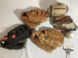 Lot of 4 baseball gloves; Rawlings, Mizuno, Pro Style. Huskies mini football (as is), Wilson