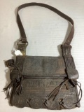 Antique stamped leather purse / bag / satchel with modern replacement strap, shows wear, see pics