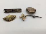 Collection of five brooches. One with sterling front. Some copper, brass, turquoise and more.