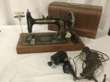 Vintage New Home sewing machine with wood case and electric motor with foot pedal, Tested & working