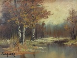 Framed original vintage oil painting of a swamp, signed by artist I. Capieri, approx. 16x14x2