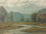 Vintage framed acrylic artwork piece of river landscape, unsigned, approx. 18x16x2 inches.