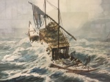 Framed original watercolor artwork of a boat at sea, unsigned, approx. 23x19x1 inches.