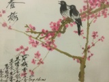 Framed original Asian artwork of songbirds & a cherry tree, approx. 62x32.5x1 inches.