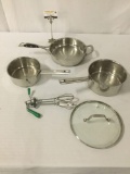 Two Wolfgang Puck pots, a Saratier skillet w/lid & Worlbeater egg beater.