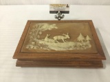 Dante oak box w/ deer designs & filled w/ cufflinks, pens, & more. Approx. 11x8x3 inches.