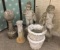 Collection of concrete yard art. Fishing boy, little girl, Garden Globe, tree stump and 2 planters.