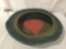 Very large pottery bowl art piece with vibrant salmon and green hues - chip and crack on base