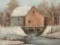 Vintage framed original oil painting of a snowy cabin scene, signed by J. Medina. Approx. 15x13x2 in