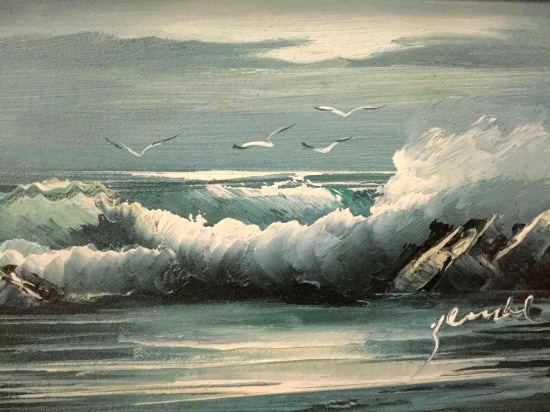 Small vintage original signed(?) oil painting of seagulls & ocean waves in a gold tone wooden frame