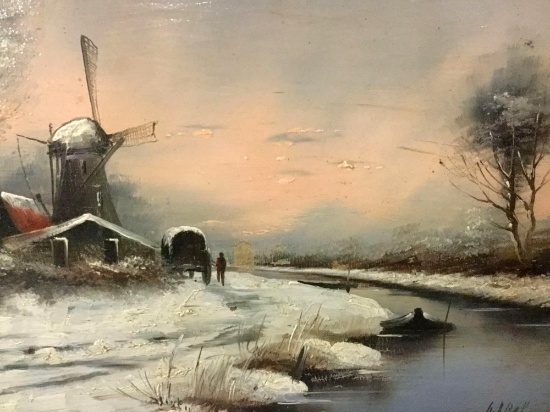 Vintage framed original oil painting of a snowy farm scene, signed by artist Apop (?) 15x12x2 inches