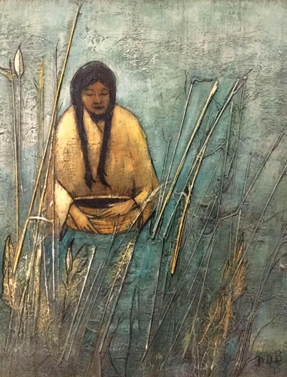 Original 1975 framed painting of Native American woman by Darlene Benson. approx 16x15 inches.