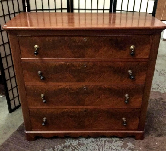 Vintage 3-drawer dresser w/ burled front. Approx 44x41x21 inches.