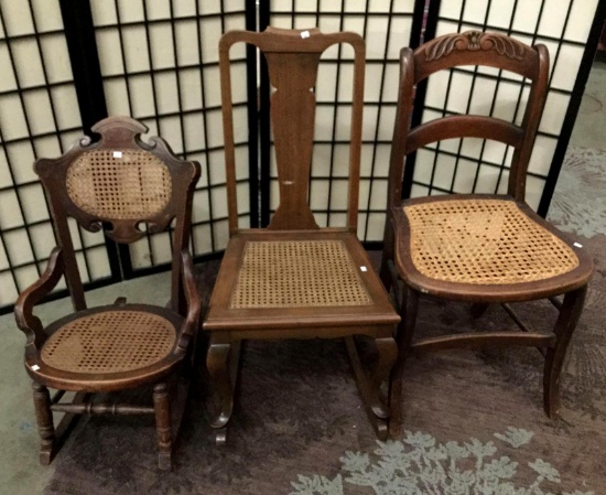 Lot of 3 vintage rattan wooden chairs. Largest approx 32x27x16 inches