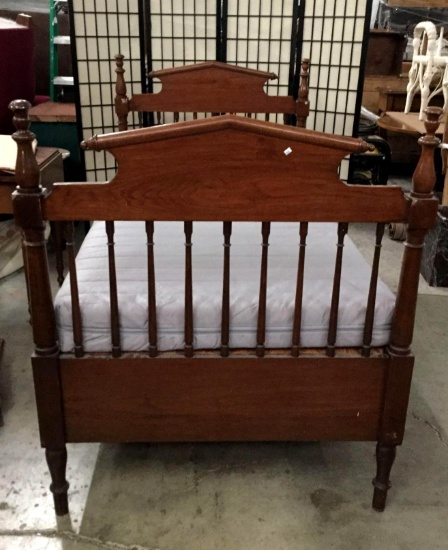 Vintage wood twin bed frame with mattress. Approx 77x49x39 inches
