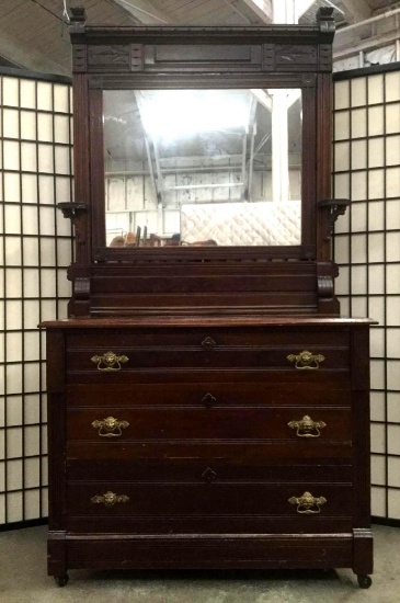 Antique three-drawer vanity dresser w/mirror, after-market gargoyle pulls, shows wear, missing pull