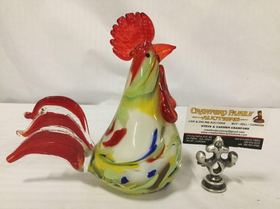 Colorful Murano art glass rooster sculpture. 8x8x3.5 inches.