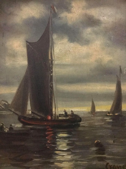 Vintage framed original oil painting of a sailboat, signed by artist Crane. Approx. 16x19x3 inches