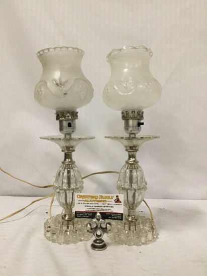 Pair of glass table lamps with Hurricane style shades. Tested and working. approx 15x5x5 inches.