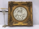 Antique gilt framed cherub relief marble art. Enrico Braga cherub plaque w/ Perfugium Regibus coin