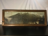 Large antique tiger oak window style frame w/ vintage photo print of Crescent Lake approx 33 x 88