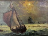 Framed vintage original oil painting of ships at sea, signed by artist I. Jameson approx 21x13x3 in.