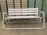White wood & metal white painted bench, some wear on paint, see pics. Approx. 72x30x33 Inches.