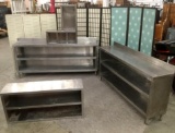 4 steel industrial kitchen shelves/prep counters largest approx. 84.25x16x39.75 inches. Sold as is.