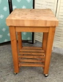 Modern Butcher block on wheels with 1 drawer. Approx 34x20x20 inches.