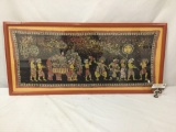 Framed Sri Lankan Batik print of procession with Palanquin. Approx 41x18.5 inches.