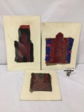 Collection of three vintage Asian sewn cloth patches. Largest measures approx 13x10 inches.