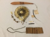 5 folk items from Papua New Guinea; lime gourd from Korogo, quill nose ornament from the Highlands