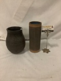 Pair of stoneware vases. One is signed by artist. Largest measures approx 8x6x6 inches.