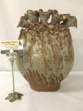 Unique five-mouthed ceramic vase, signed on bottom by unknown artist. Approx. 11x8x14 inches.