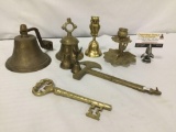 Collection of 8 vintage and modern brass pieces. Bells, keys, and more. Axe approx 10x5 inches.